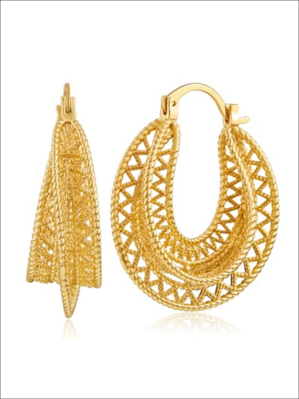 Chunky Gold Plated Filigree Hoop Earrings Click-Top Boho Statement
